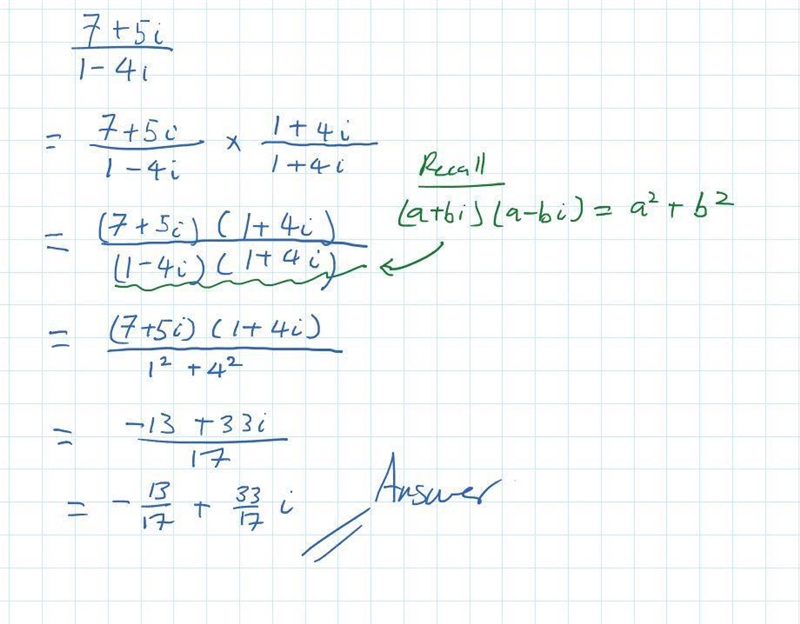 Write the quotient 7+5i÷1-4i in standard form.​-example-1