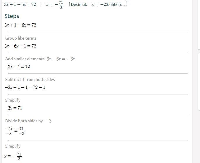 What is the solution to the equation 3x+1-6x=72-example-1