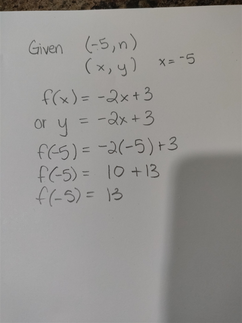 The equations f(x)=-2x+3 If (-5,n) is an ordered pair of the function rule, what is-example-1