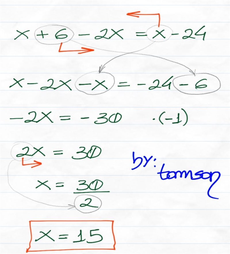 Solve for x. x + 6 - 2x = x - 24 x = [?]​-example-1