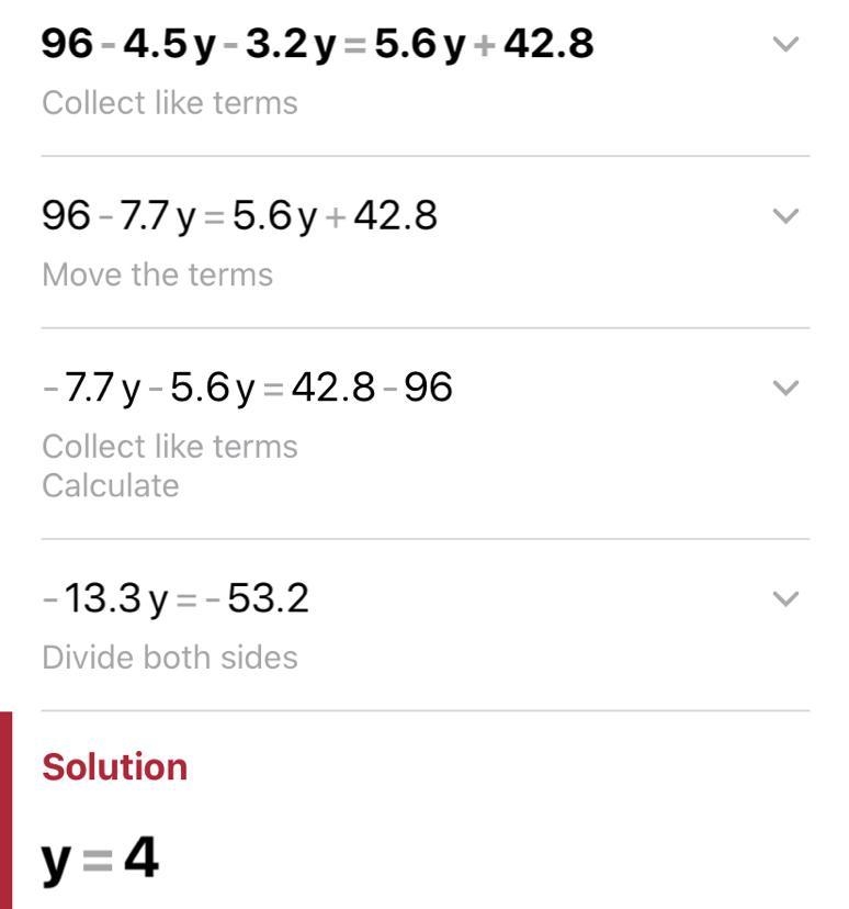 What is 96-4.5y-3.2y=5.6y+42.80 PLEASE HELP!!!!-example-1