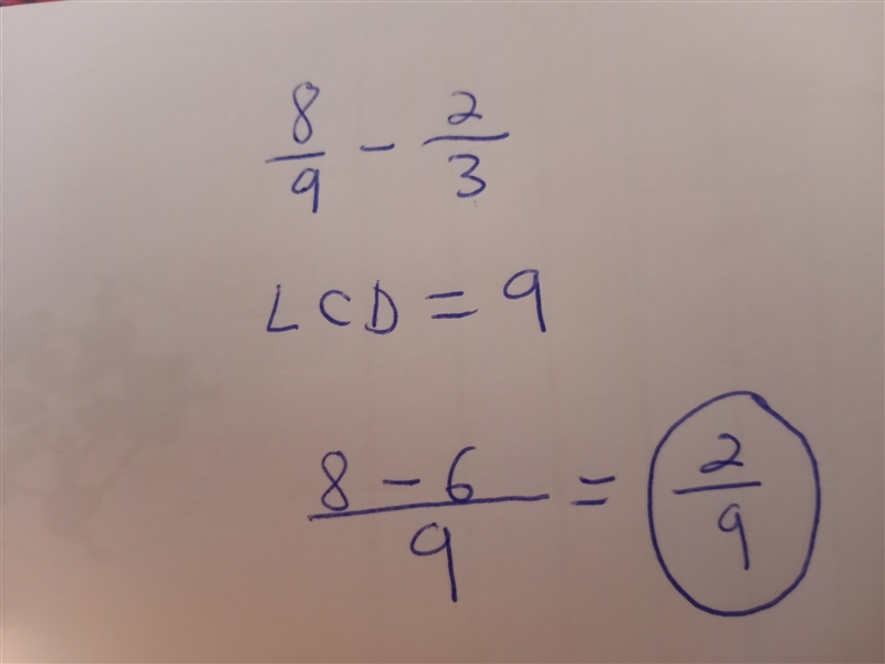 Calculate 8/9-2/3 giving your answer in its simplest form.-example-1