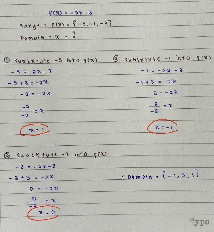 Given f(x)=-2x-3 and Range={-5,-1,-3} find Domain {1,3,5} {-1,0,1} {2,3,1} {0,-2,3}-example-1