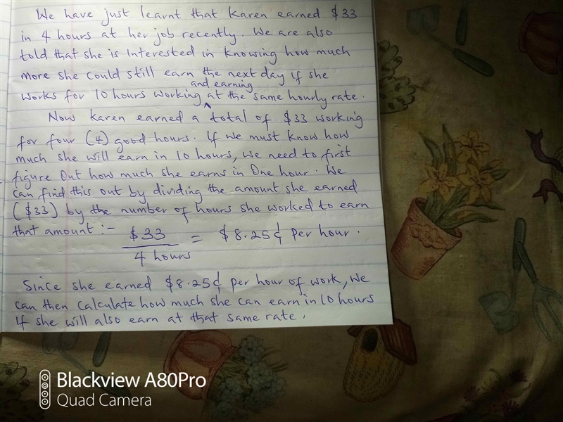 Karen earned $33 in 4 hours at her job today. She wants to know how much she could-example-1