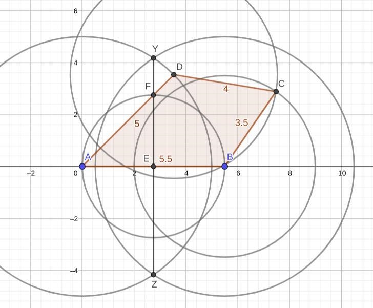 Construct ABCD with AB =5.5cm BC=3.5cm,CD=4cm,AD=5cm, and angle A=45°, with construction-example-1