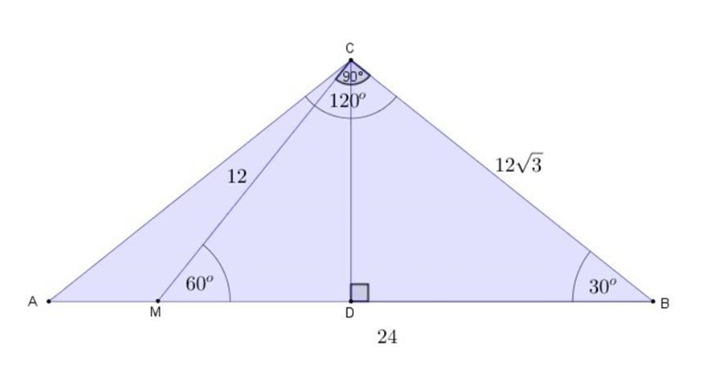 Given: ∆ABC is isosceles m∠ACB = 120°, CM = 12 m∠BMC = 60° Find: AB-example-1