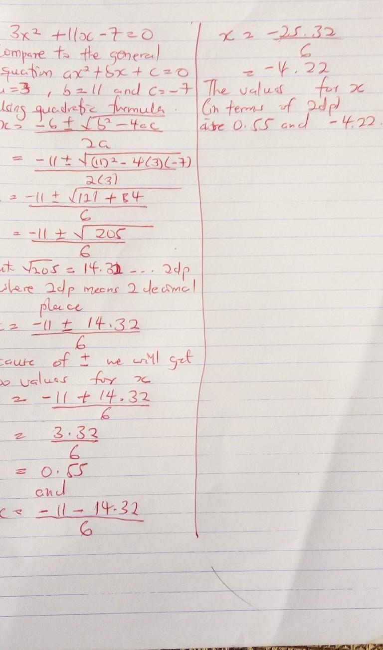 Quadratic Formula: round two decimal places 3x^2+11x-7=0​-example-1