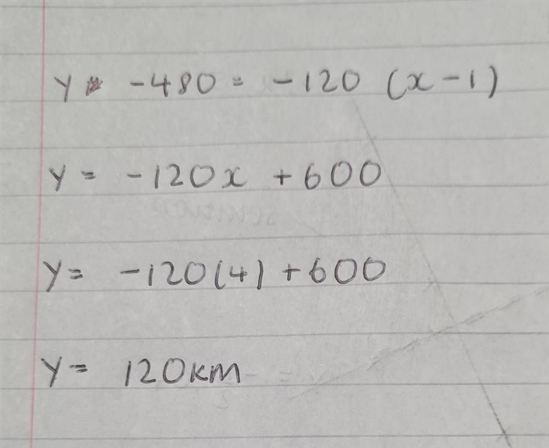 The equation y — 480 = – 120 (x - 1) represents the total number of kilometers, y-example-1