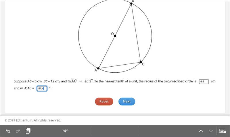 Suppose AC = 5 cm, BC = 12 cm, and mAC = 45.2°. To the nearest tenth of a unit, the-example-1