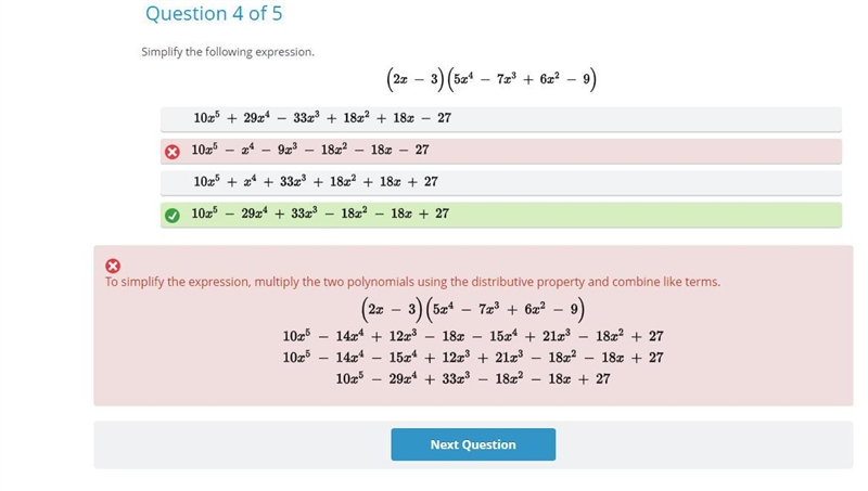 Simplify the following expression. (2x-3)(5x^4-7x^3+6x^2-9)-example-1