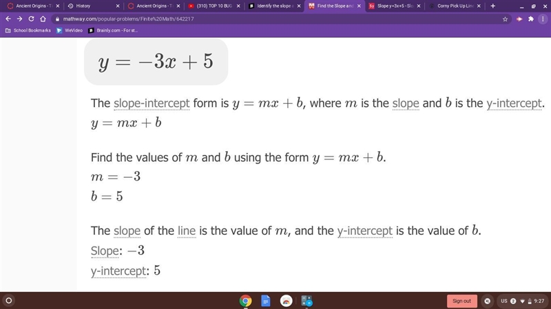 Identify the slope and y-intercept of the line. y = 3x - 5-example-1