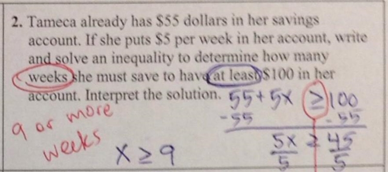 Tameca already has $55 dollars in her savings account. If she puts $5 per week in-example-1