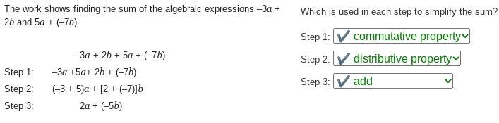 The work shows finding the sum of the algebraic expressions –3a + 2b and 5a + (–7b-example-1