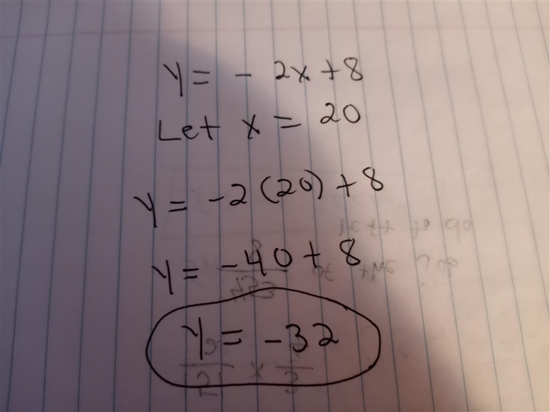 Stion 2 What is the value for y in the following expression when x = 20 y= -2x + 8-example-1