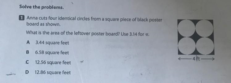 Anna cuts four identical circles from a square piece of black poster board as shown-example-1