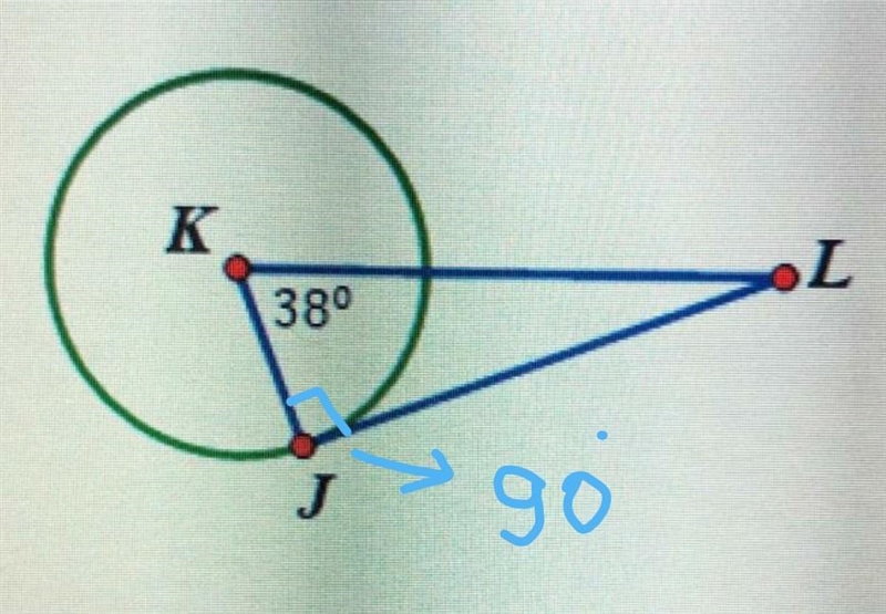 JL is tangent to circle K at point J. What it the measure of angle L? A. 52 B. 90 C-example-1