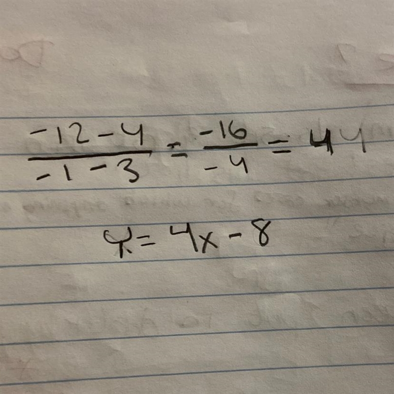 Write an equation of the line passing through the points (3,4) and (-1,-12)-example-1