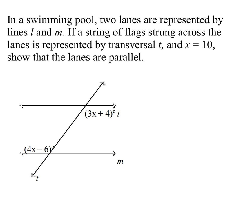 In a swimming pool, two lanes are represented by lines l and m. If a string of flags-example-1