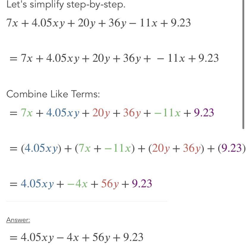 7x +4.05xy + 20y + 36y - 11x + 9.23 HELP-example-1