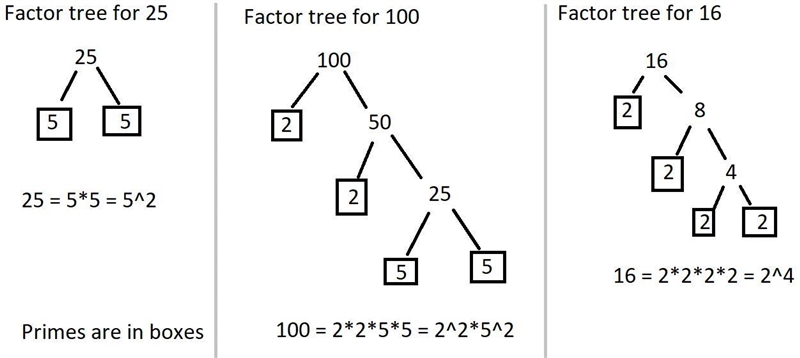 Write the prime factorization of each number in e-g. e. 25 f. 100 g. 16​-example-1