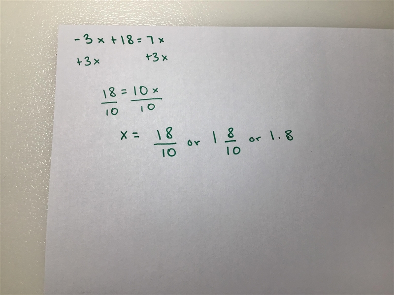 Follow the steps to finish solving the equation -3x + 18 = 7x 1. Add 3x to both sides-example-1