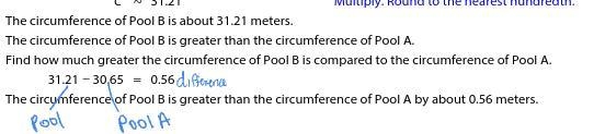 Consider two circular swimming pools. Pool A has a radius of 16 feet, and Pool B has-example-1