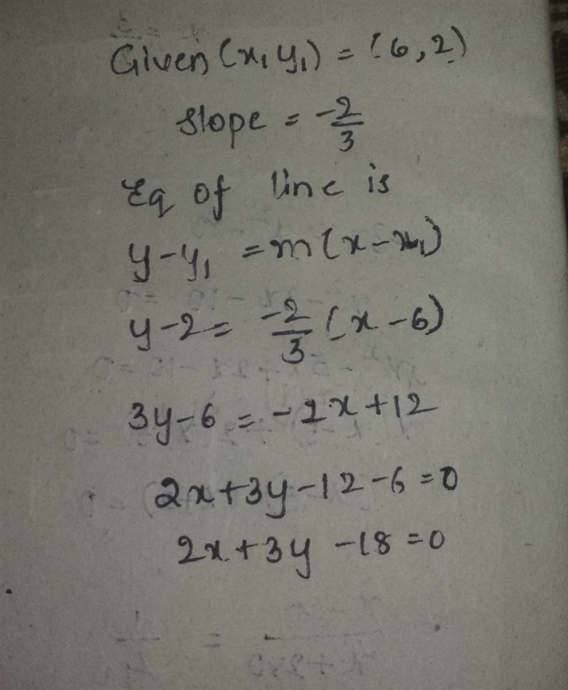 What is the equation of the line with a slope (-2/3) of and passes through the point-example-1