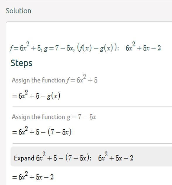 Find (f+g)(x) and (f-g)(x) for f(x)=6x^2+5 and g(x)=7-5x-example-1