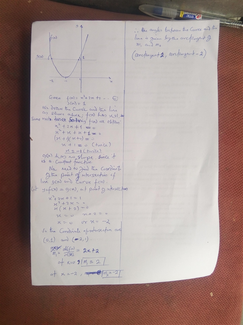 Find the angle(s) of intersection between the equations f (x) = x 2 + 2x + 1 and g-example-1