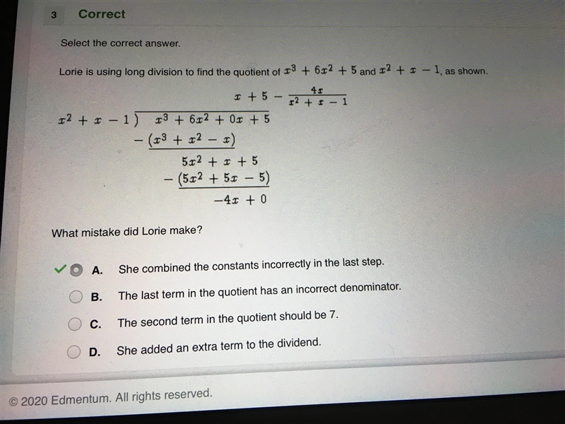 Lorie is using long division to find the quotient of 13 + 6r2 + 5 and 12 + 1 – 1, as-example-1