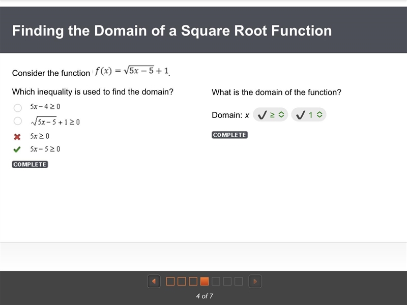 Consider the function f(x) = v5x – 5+1 Which inequality is used to find the domain-example-1