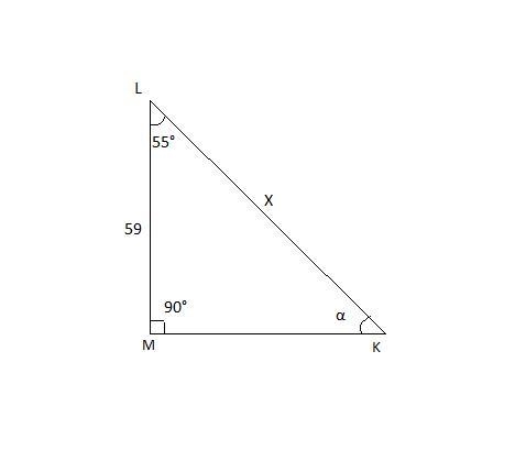 In ΔKLM, the measure of ∠M=90°, the measure of ∠L=55°, and LM = 59 feet. Find the-example-1