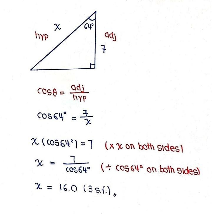 Find the hypotenuse of a right triangle with the side length of 7 and an angle of-example-1