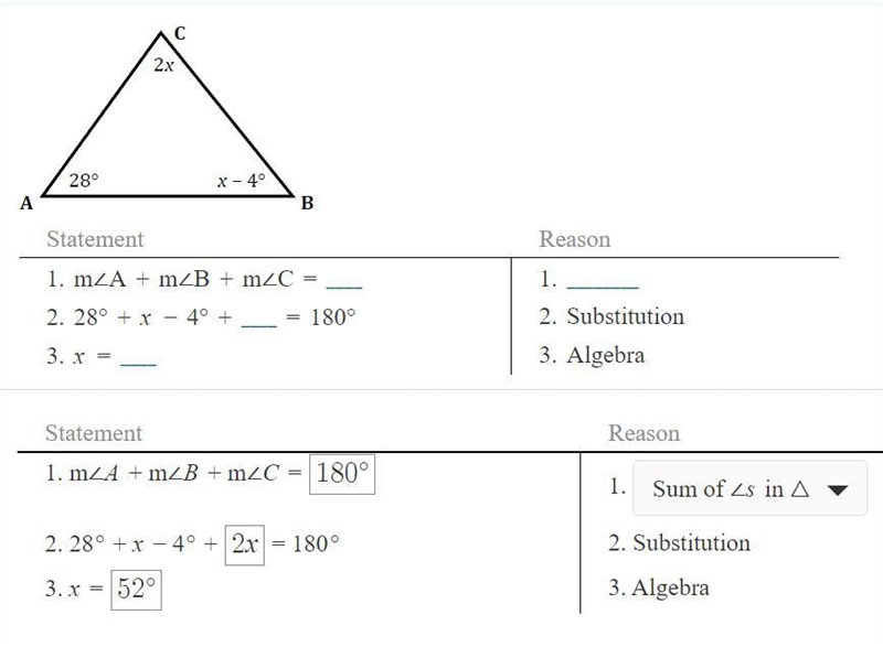 Find the value of x by filling the blanks in the provided statement-reason solutions-example-1