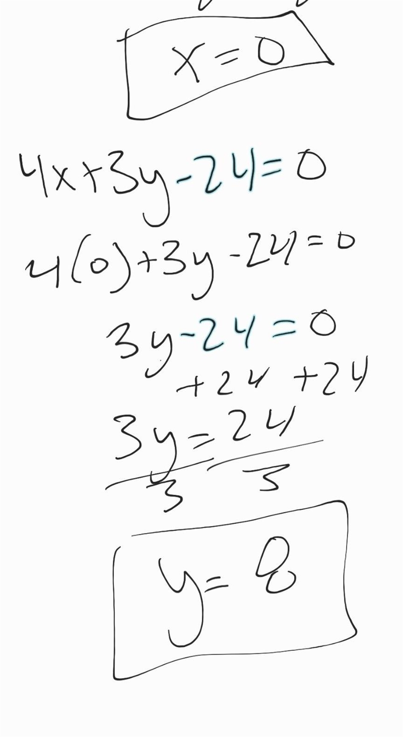 4x+3y-24=0 find the y and x intercept show work ​-example-2