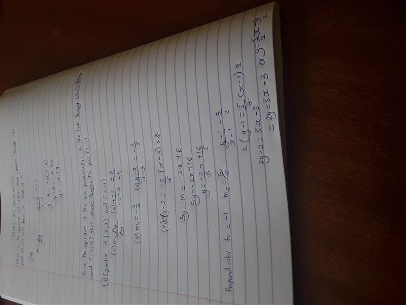 Give the equation of the line perpendicular to the line through (3, 2) and (-2, 4) that-example-1