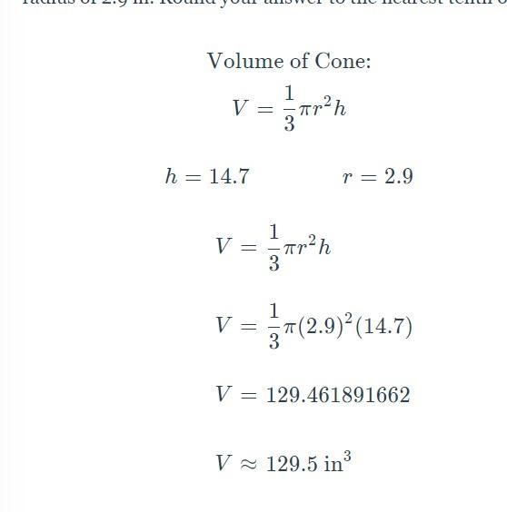 Find the volume of a right circular cone that has a height of 14.7 in and a base with-example-1