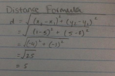 Find the distance between the points (5,8) and (1,5)-example-1