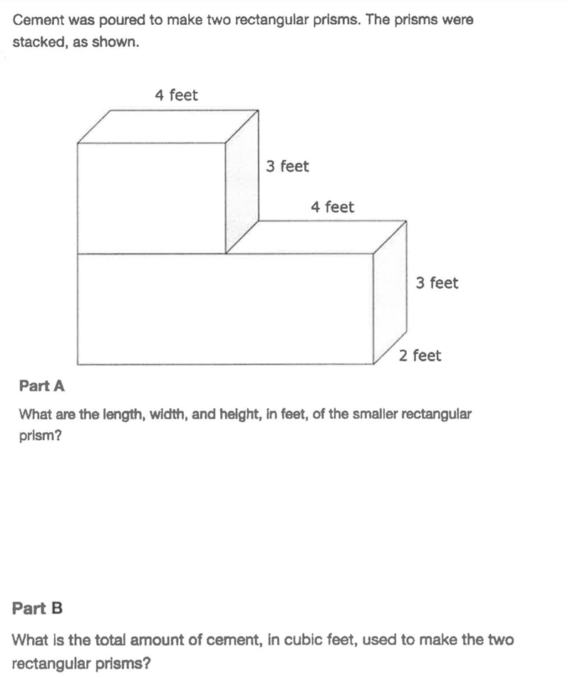 Cement was poured to make two rectangular prism the prism were stacked as shown 4 feet-example-1