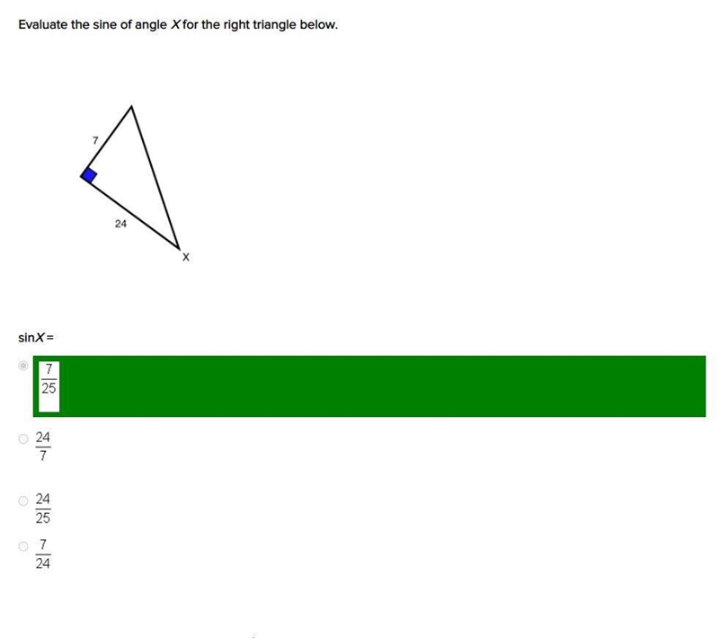 Evaluate the sine of angle X for the right triangle below.-example-1