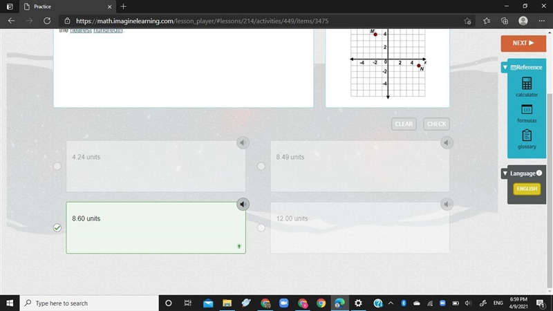 Find the distance from point M to point N on the graph shown. Round your answer to-example-1