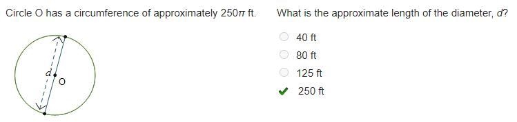 Circle O has a circumference of approximately 250π ft. Circle O with diameter d is-example-1