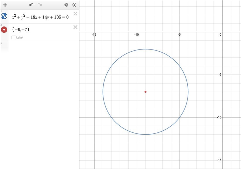 A certain circle can be represented by the following equation x^2+y^2+18x+14y+105=0 What-example-1