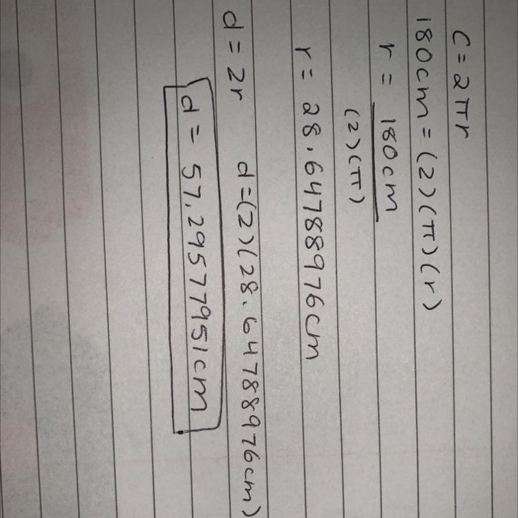 In a circle the difference of circumference and diameter is 180 cm, find its diameter-example-1