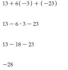 Simplify the expression. 13 + 6(-3) + (-23)-example-1