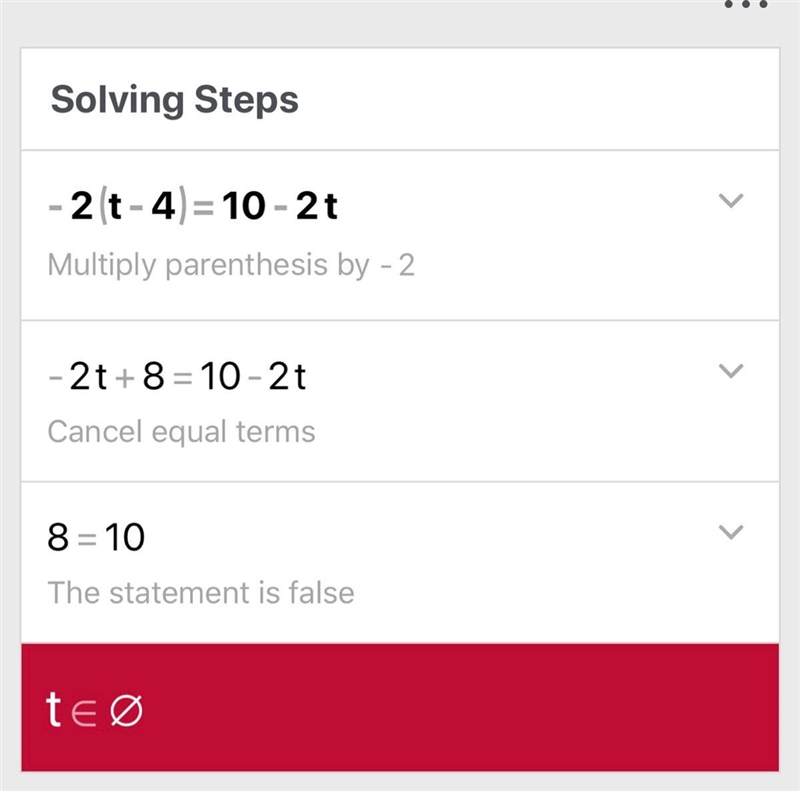 How to solve -2(t-4)=10-2t-example-1