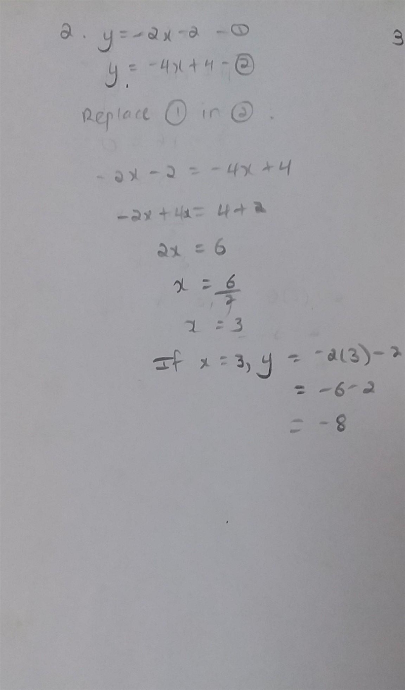 Solve each equation by substitution 1, y=6x+14 6x+5y=-2 2 y=-2x-2 y=-4x+4 3, x-5y-example-2