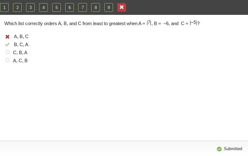 Which list correctly orders A, B, and C from least to greatest when A = –8, B = StartAbsoluteValue-example-1