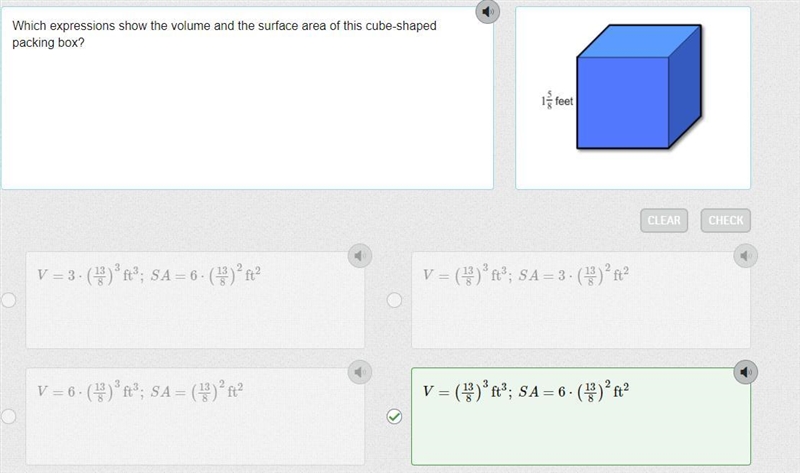 Which expressions show the volume and the surface area of this cube-shaped packing-example-1