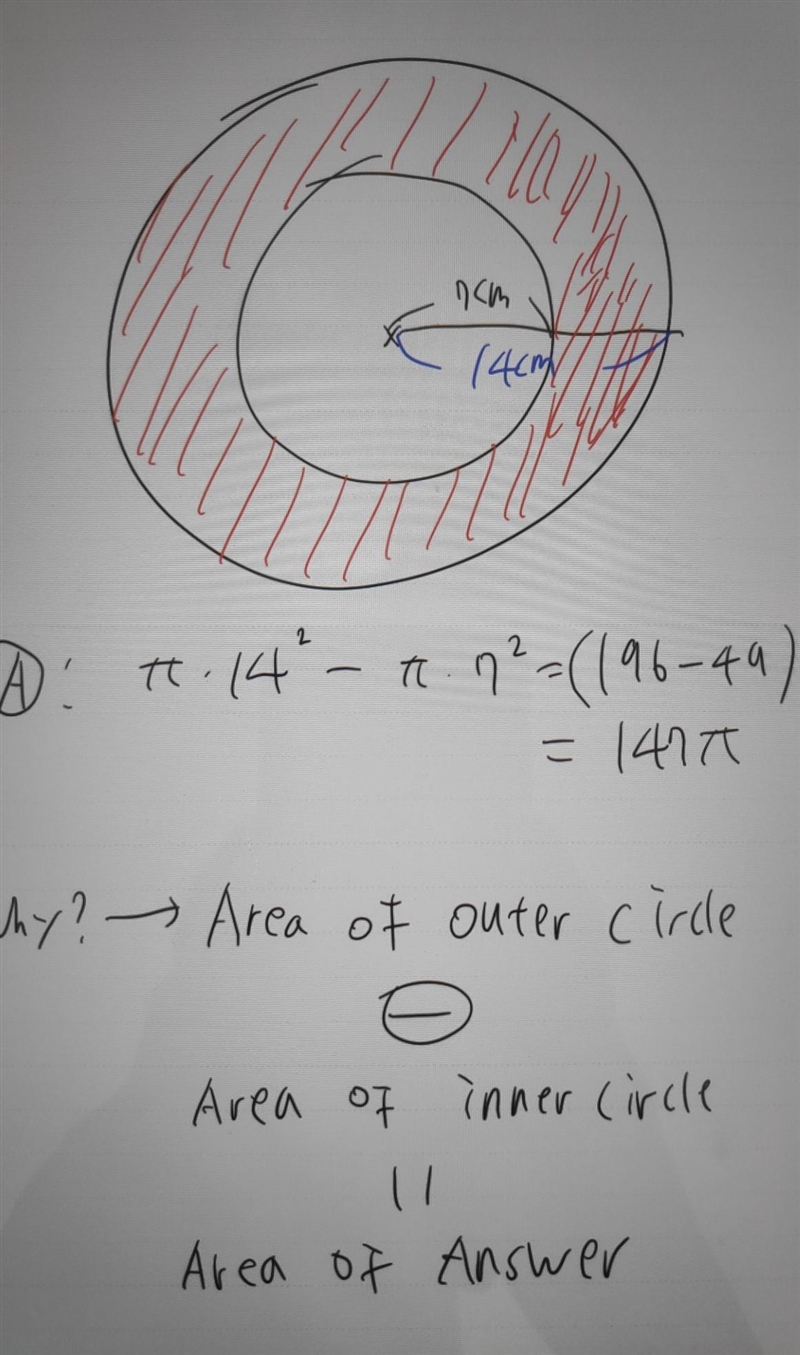 C) Find the area of the annulus having the inner radius 7 cm and outer radius 14 cm-example-1